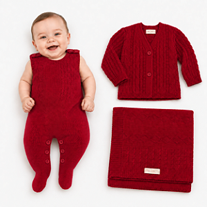 Kit Macaquinho Casaco e Manta Tricô Kids Trançado Vermelho
