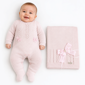 Kit Macacão e Manta Tricô Kids Tranças e Fita Rosa Claro