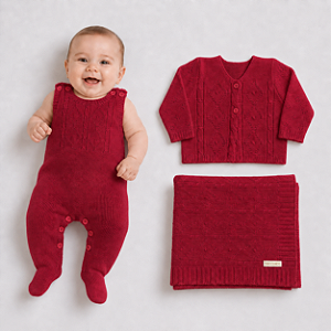 Kit Maquinho Casaco Manta Tricô Kids Trança Losango Vermelho