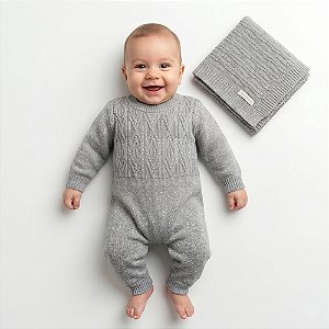 Kit Macacão e Manta Tricô Kids Losango Embutido Cinza