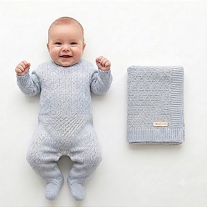 Kit Macacão e Manta Tricô Kids Losango Canelado Azul Claro