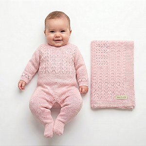 Kit Macacão e Manta Tricô Kids Trabalhada Anel Rosa Claro