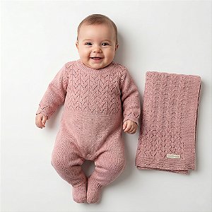 Kit Macacão e Manta Tricô Kids Trabalhada Anel Rosa Antigo