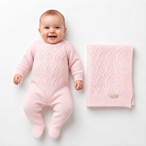Kit Macacão e Manta Tricô Kids Trabalhada Corações Rosa
