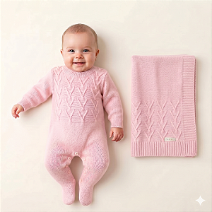 Kit Macacão e Manta Tricô Kids Trabalhada Rosa Claro