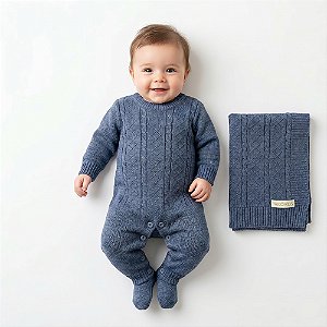 Kit Macacão e Manta Tricô Kids Trança e Losangos Azul Mescla
