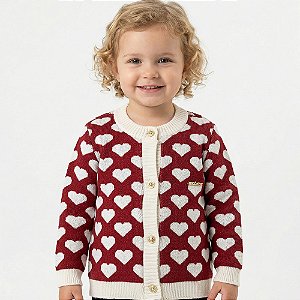 Casaco Corações Jacquard Tricô Kids Vermelho e Branco