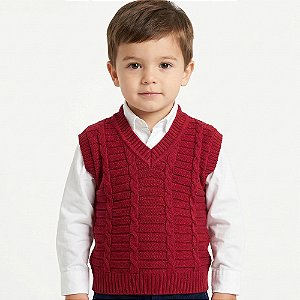 Colete de Trançado Tricô Kids Canelado Vermelho