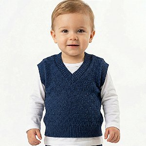 Colete de Quadriculado Tricô Kids Trabalhado Azul Mescla