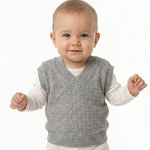 Colete de Quadriculado Tricô Kids Trabalhado Cinza Claro