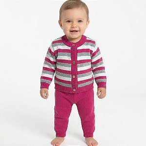 Conjunto Casaco e Calça Tricô Kids Listrado Pink