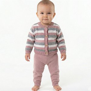 Conjunto Casaco e Calça Tricô Kids Listrado Rose