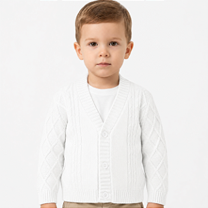 Casaco de Losango Tricô Kids Trança Canelado Branco