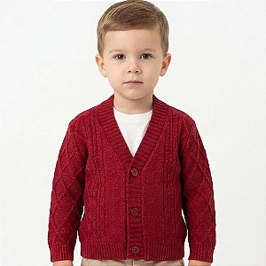 Casaco de Losango Tricô Kids Trança Canelado Vermelho