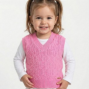 Colete Trabalhado Tricô Kids Rosa Chiclete