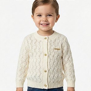 Casaco Trabalhado Tricô Kids Textura Folha Off White Pérola