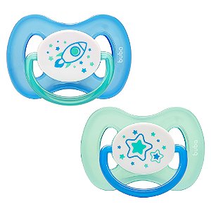 Kit 2 Chupetas Buba Comfort Tam 2 Noturna Foguete Azul