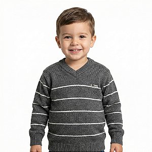 Blusa Listras Tricô Kids Decote Redondo Cinza Escuro