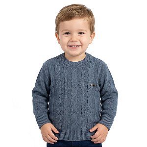 Blusa Trançada Tricô Kids Decote Redondo Azul Petroléo