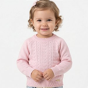 Blusa Coração e Tranças Tricô Kids Raglan Rosa Claro