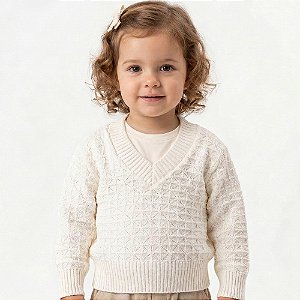 Blusa Trabalhada Tricô Kids Decote V Branco