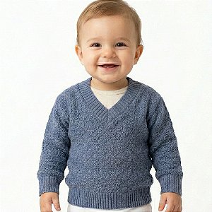 Blusa Trabalhada Tricô Kids Decote V Azul Jeans