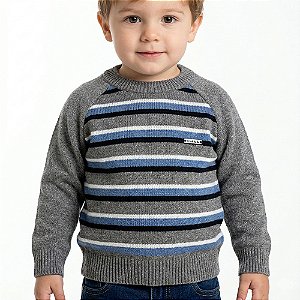 Blusa Listrada Tricô Kids Manga Raglan Cinza Escuro