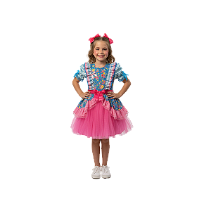 Vestido Junino Bambolê Floral Tule Com Calção Azul Rosa