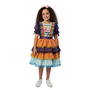 Vestido Junino Bambolê Floral Com Calção Amarelo e Roxo