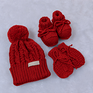 Kit Tricô Kids Gorro Luva e Sapato de Tricô Vermelho