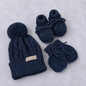 Kit Tricô Kids Gorro Luva e Sapato de Tricô Azul Mescla