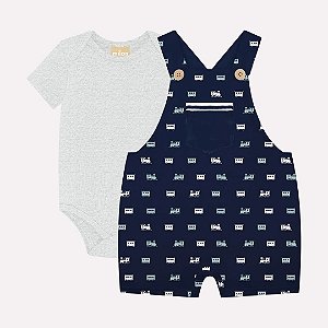 Conjunto Body e Jardineira Milon Trem Cinza e Azul Marinho