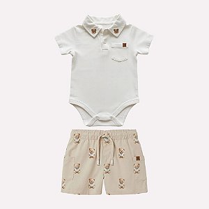 Conjunto Body e Bermuda Milon Urso Bear Off White e Bege