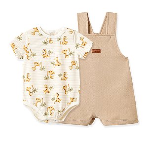 Conjunto Body Pingo Lelê Jardineira e Body Dino Bege