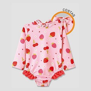 Maiô Pingo Lelê Manga Longa Frutas Vermelhas Rosa