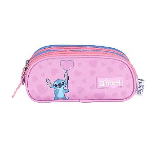 Estojo Triplo Luxcel Stitch Corações Azul