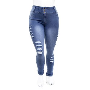 Calça Jeans Plus Size Azul Rasgadinha Cintura Alta Thomix