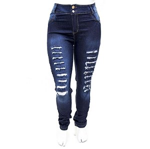 Calça Jeans Plus Size Rasgadinha Escura Cintura Alta
