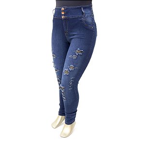 Calça Plus Size Jeans Feminina Rasgadinha com Elástico Thomix