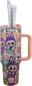 Copo Térmico Rosa Labubu Com Alça E Canudo 1,2 L Premium