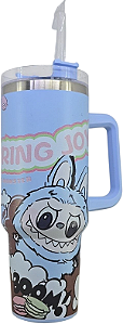 Copo Térmico Azul B Labubu Com Alça E Canudo 1,2 L Premium