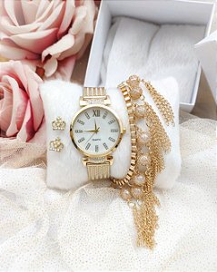 Relógio Feminino Dourado Monarquia, com Pulseira e Brincos