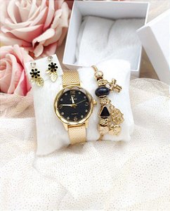 Relógio Feminino Dourado Maia com Pulseira e Brincos