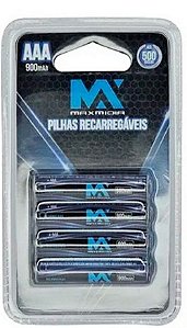 Pilhas Palito AAA 900MAH até 500 Ciclos Recarregavel  - Cartela com  4 Unidades - MAX-REC3346