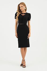 Vestido Preto Plano Justo com Cinto Encapado