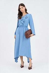 Vestido Azul Longuete Com Elástico No Cós-no-cos