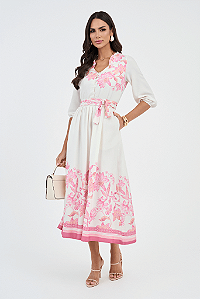 Vestido Rosa Estampado Midi Godê