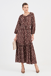 Vestido Marrom Longuete Estampado Com Mangas Longas