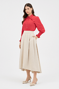 Saia Cru Midi Em Linho Com Pregas Mullet