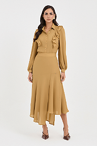 Saia Cáqui Plano Midi Recorte Assimétrico